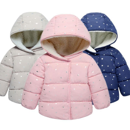 Stevvex baby winter hooded puffer coats set of 3 in pink beige navy with star print fleece lining on Tampa Home & Garden Store