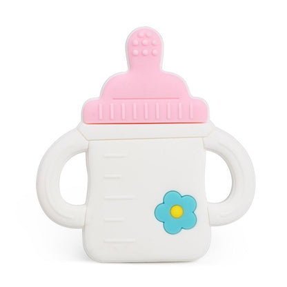 Stevvex Baby Teether Silicone with white bottle pink top blue flower accents dual handles on Tampa Home & Garden Store