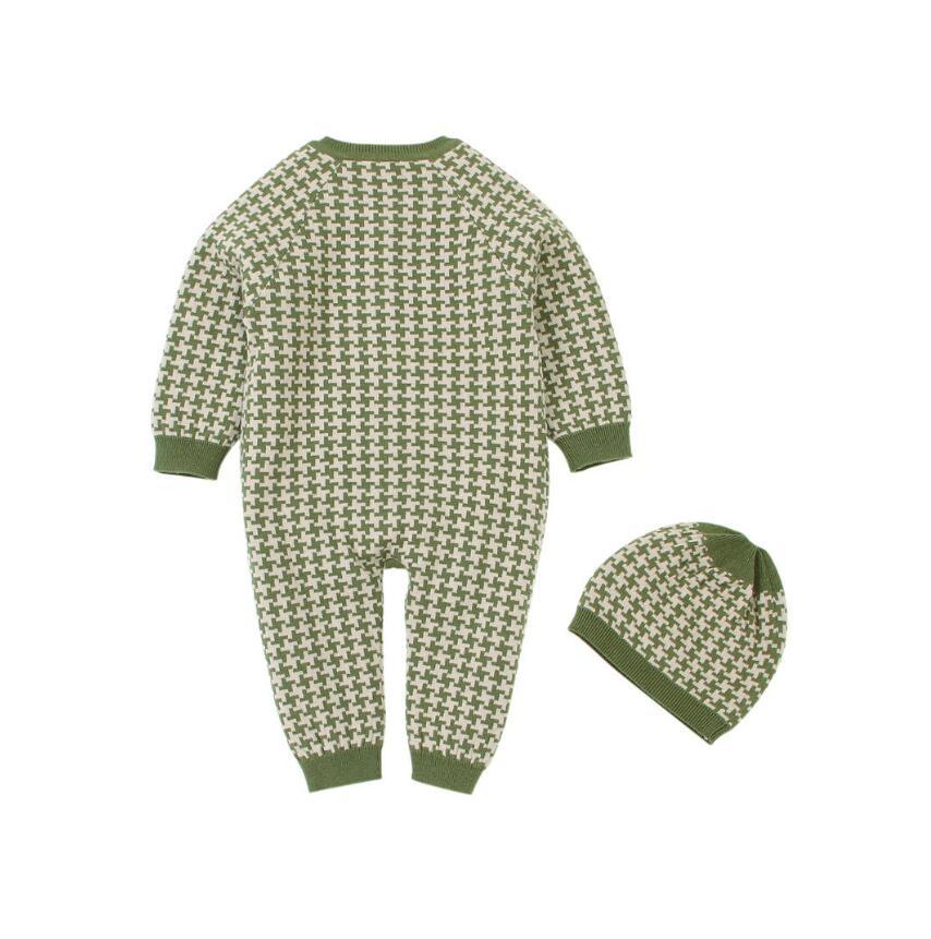 Two-piece knitted newborn baby romper and plaid hat set in green beige by Stevvex on Tampa Home & Garden Store