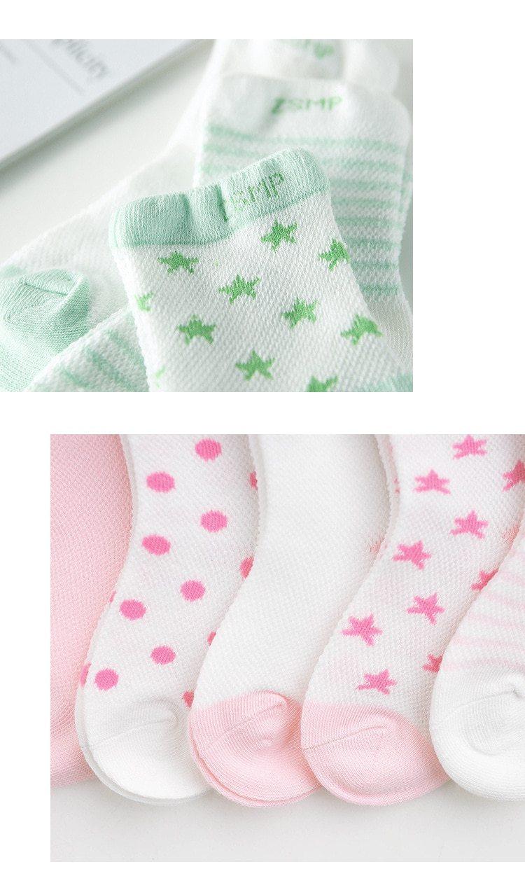 5-pair Stevvex children's breathable mesh socks with star and moon prints in mint green and pink on Tampa Home & Garden Store