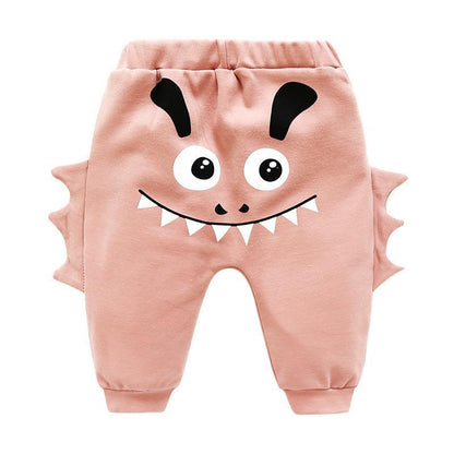 Pink baby pants with cartoon monster face print, high waist, side fins, ST15BY38765ASMTR on Tampa Home & Garden Store