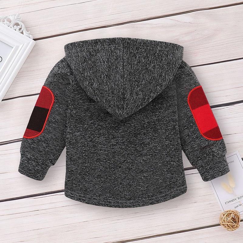 Stevvex newborn 2pc hoodie pant outfit in dark gray heather with red elbow patches on Tampa Home & Garden Store
