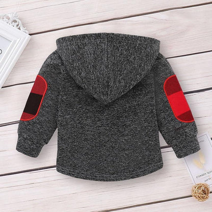 Stevvex newborn 2pc hoodie pant outfit in dark gray heather with red elbow patches on Tampa Home & Garden Store