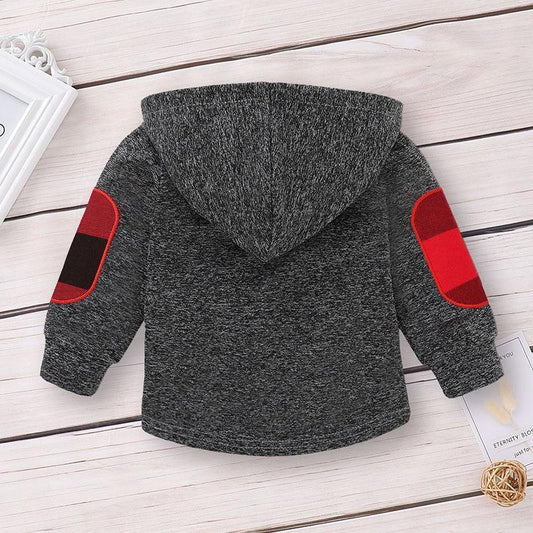 Stevvex newborn 2pc hoodie pant outfit in dark gray heather with red elbow patches on Tampa Home & Garden Store