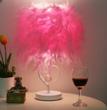 Stevvex table lamp with pink heart-shaped crystal stem and feather shade for bedroom decor on Tampa Home & Garden Store