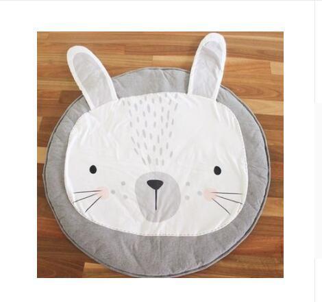 Round baby play rug with white rabbit face and grey border, cotton material, Stevvex on Tampa Home & Garden Store