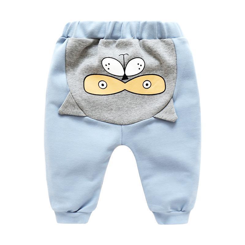 Stevvex baby pants with gray owl print patch on back, light blue high-waist trousers on Tampa Home & Garden Store