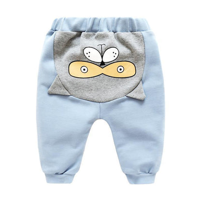 Stevvex baby pants with gray owl print patch on back, light blue high-waist trousers on Tampa Home & Garden Store