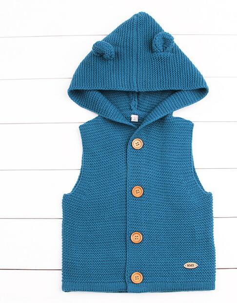 Blue knit hooded cardigan vest for newborns with hood ears and wooden buttons Stevvex on Tampa Home & Garden Store