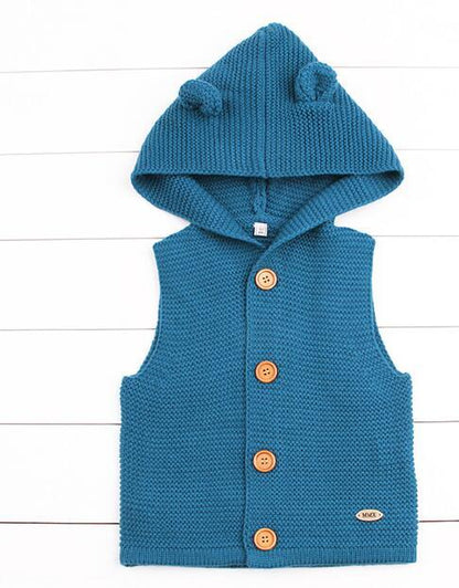 Blue knit hooded cardigan vest for newborns with hood ears and wooden buttons Stevvex on Tampa Home & Garden Store