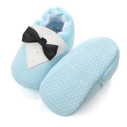 Stevvex baby first walker shoes pair light blue cotton with white bow and dotted sole on Tampa Home & Garden Store