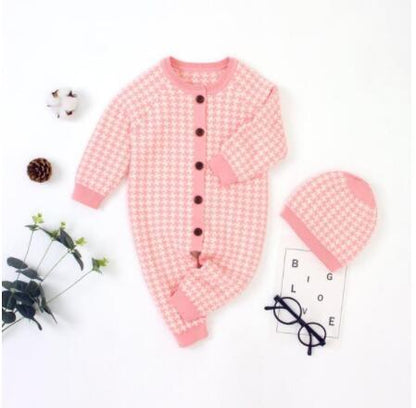 Knitted newborn romper Stevvex in pink with plaid hat; cotton baby one-piece for boys and girls on Tampa Home & Garden Store