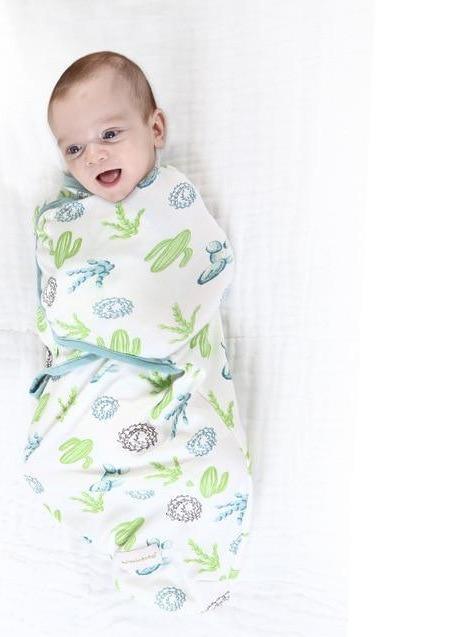 Stevvex baby swaddle blanket with cap, white with green cactus and blue print, tie on Tampa Home & Garden Store
