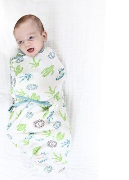Stevvex baby swaddle blanket with cap, white with green cactus and blue print, tie on Tampa Home & Garden Store