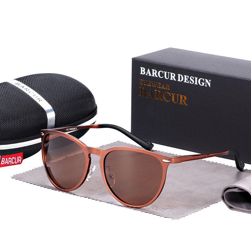 Retro round sunglasses Stevvex with brown frame and polarized UV400 lenses; includes Barcur case on Tampa Home & Garden Store
