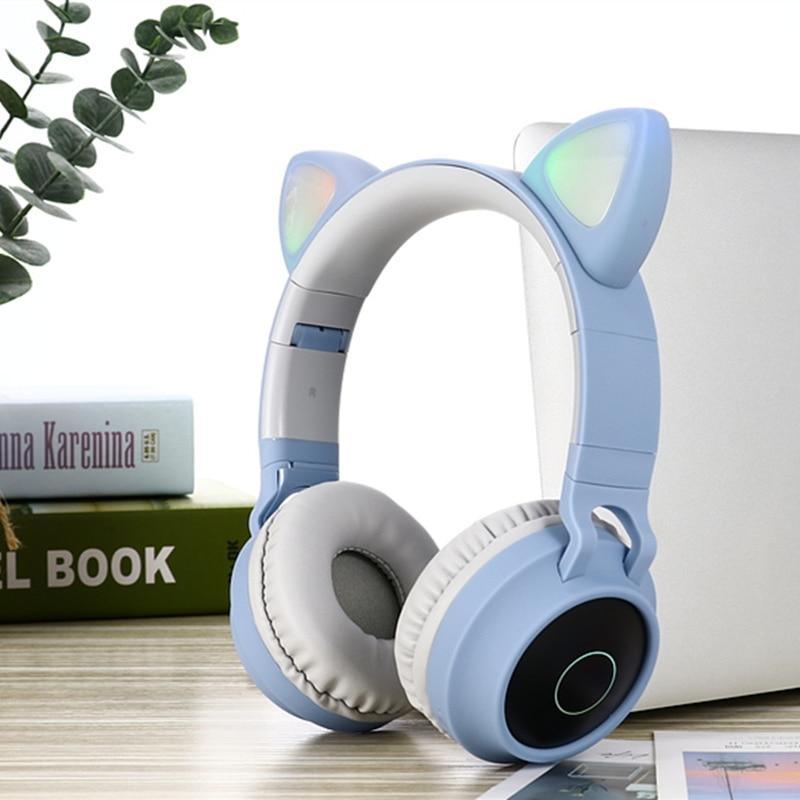 Stevvex LED cat-ear over-ear headphones blue Bluetooth 5.0 with mic on Tampa Home & Garden Store