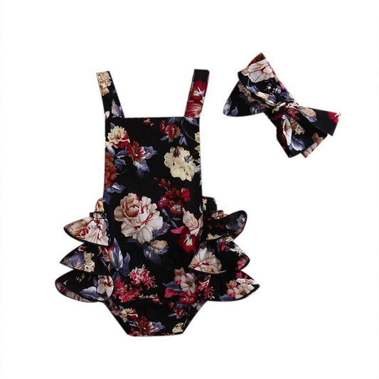 Stevvex 2pc baby floral romper and headband set; sleeveless black floral print with blooms on Tampa Home & Garden Store