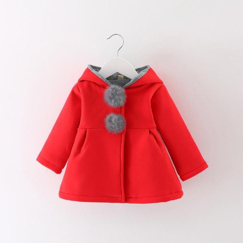 Newborn girls red coat with rabbit ear hood, grey fur pom-poms, cotton outerwear by Stevvex on Tampa Home & Garden Store