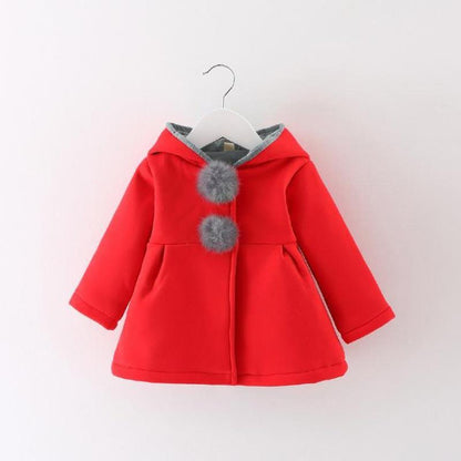Newborn girls red coat with rabbit ear hood, grey fur pom-poms, cotton outerwear by Stevvex on Tampa Home & Garden Store