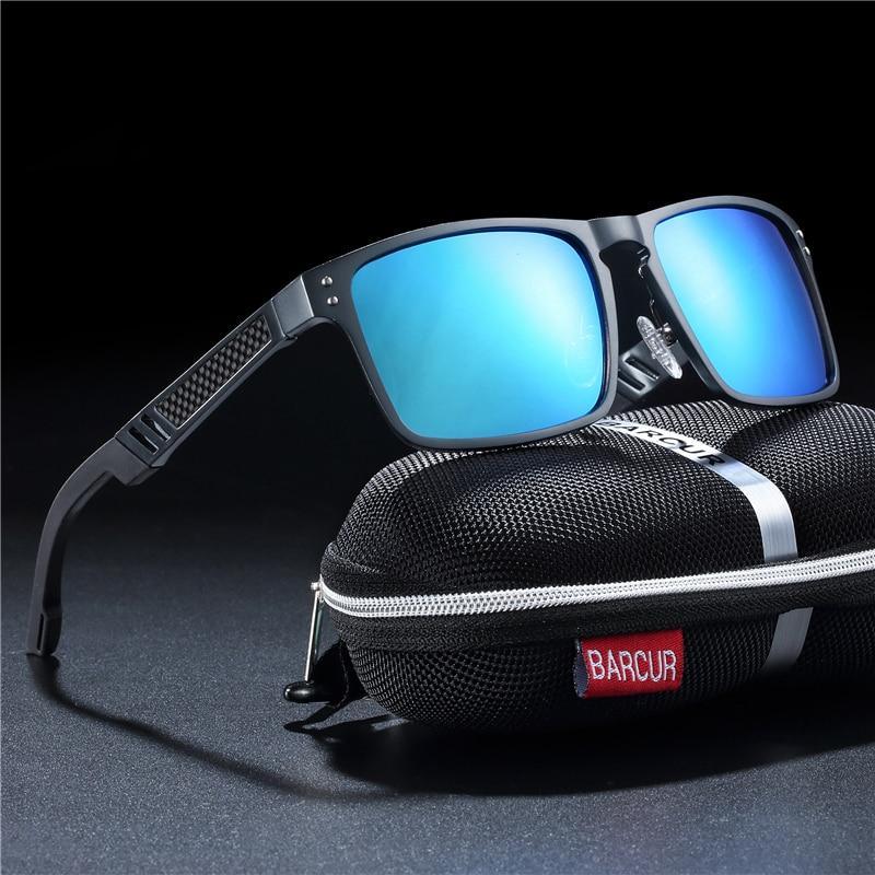 Sunglasses square aluminum magnesium blue mirrored lenses UV400 polarized Barcur case on Tampa Home & Garden Store