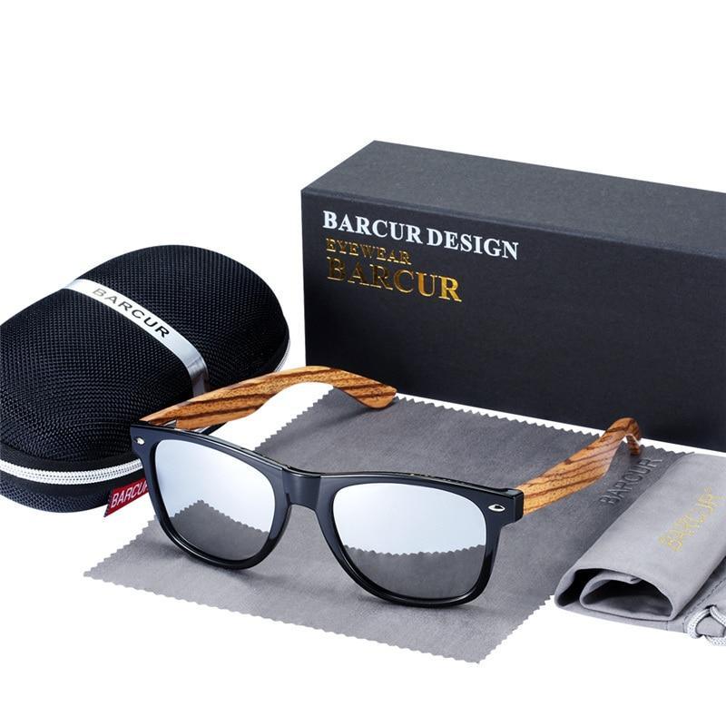 Stevvex zebra wood sunglasses with black frame, mirrored polarized UV400 lenses, Barcur case on Tampa Home & Garden Store