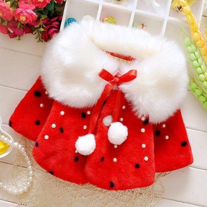 Stevvex baby toddler red fleece fur winter coat with white faux fur collar and pom pom tassels on Tampa Home & Garden Store