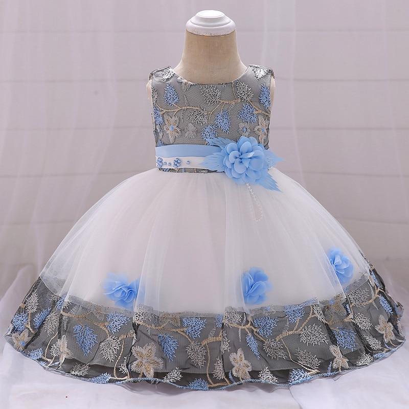 Stevvex baby dress with blue floral lace bodice and white tulle skirt baptism party gown on Tampa Home & Garden Store