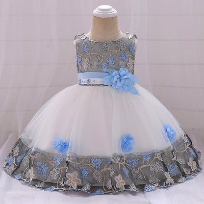 Stevvex baby dress with blue floral lace bodice and white tulle skirt baptism party gown on Tampa Home & Garden Store