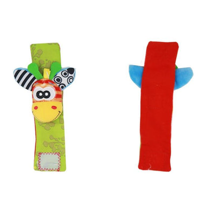 Stevvex wrist rattles, two plush bands, green giraffe ears and red strap with blue ears on Tampa Home & Garden Store
