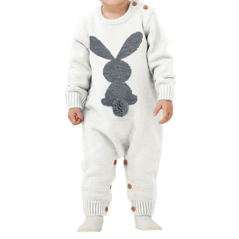 Baby romper by Stevvex with grey bunny knit design, cream, long sleeves, wooden buttons on Tampa Home & Garden Store