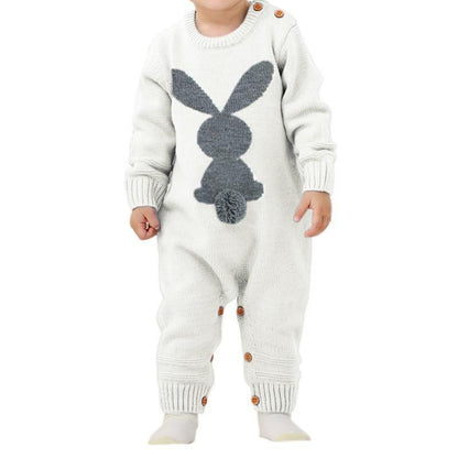 Baby romper by Stevvex with grey bunny knit design, cream, long sleeves, wooden buttons on Tampa Home & Garden Store