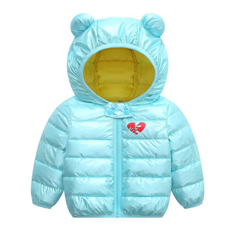 Stevvex infant bear-ear hooded puffer jacket in light blue with yellow lining and heart emblem on Tampa Home & Garden Store