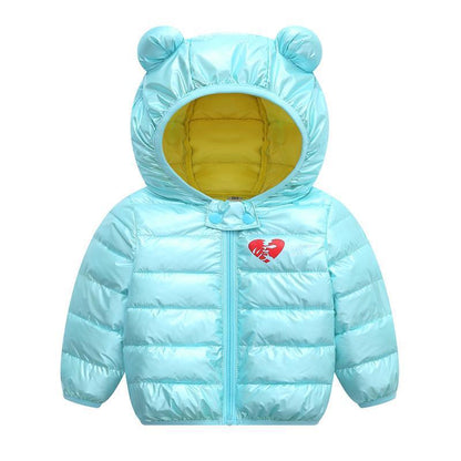 Stevvex infant bear-ear hooded puffer jacket in light blue with yellow lining and heart emblem on Tampa Home & Garden Store