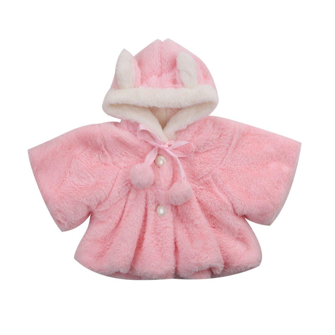 Newborn baby girls pink fluffy fur coat with hood, white plush lining, pink ribbon bow and pom-poms on Tampa Home & Garden Store