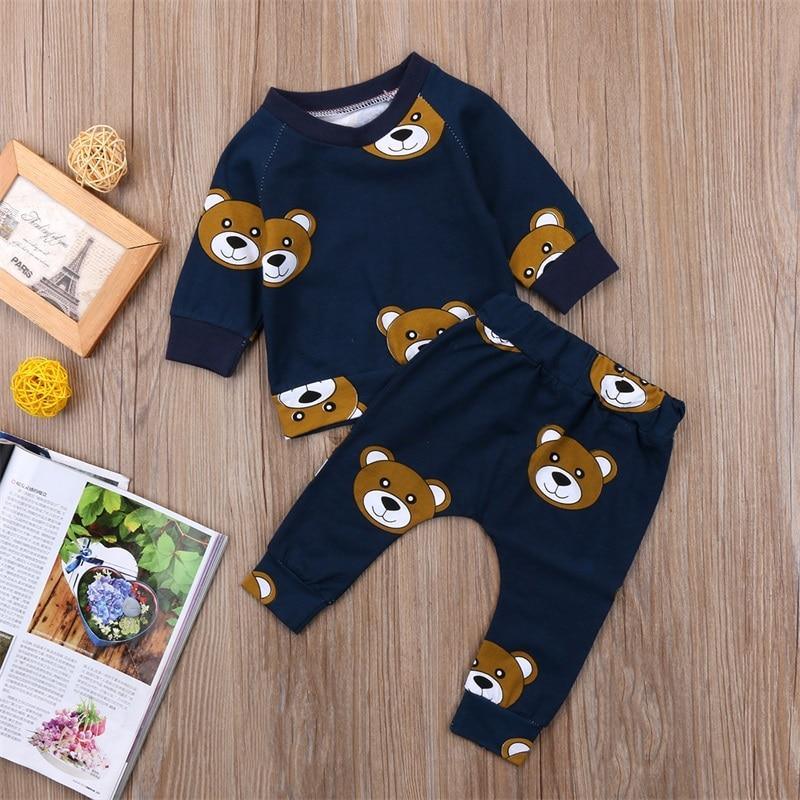 Stevvex baby boys navy pajama set with bear faces; long-sleeve top and matching pants on Tampa Home & Garden Store