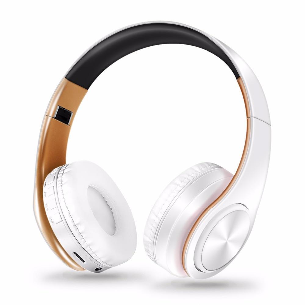 STEVVEX Bluetooth Headphones with Microphone, white over-ear wireless headset with gold accents on Tampa Home & Garden Store