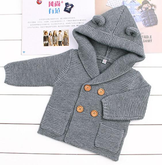 Newborn cardigan Stevvex gray hooded knit with wooden buttons on Tampa Home & Garden Store