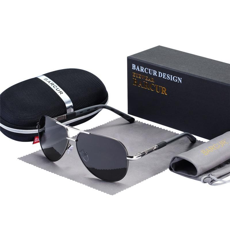 Aviator sunglasses with metal frame and polarized lenses, UV400 protection, Barcur Design case and cleaning cloth on Tampa Home & Garden Store