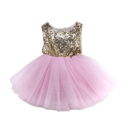 Fancy baby girl dress with gold sequin-embellished sleeveless bodice and fluffy pink tulle skirt on Tampa Home & Garden Store
