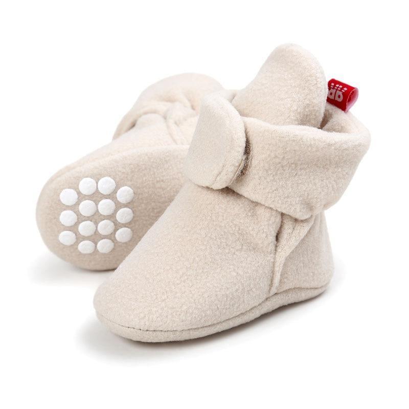 Stevvex baby fleece winter booties cream color pair with foldover cuff and grip dots on Tampa Home & Garden Store