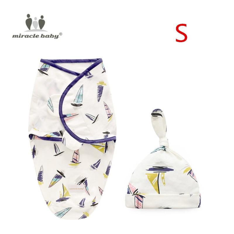Stevvex 2pc baby swaddle blanket with cap set in sailboat print, purple trim on Tampa Home & Garden Store