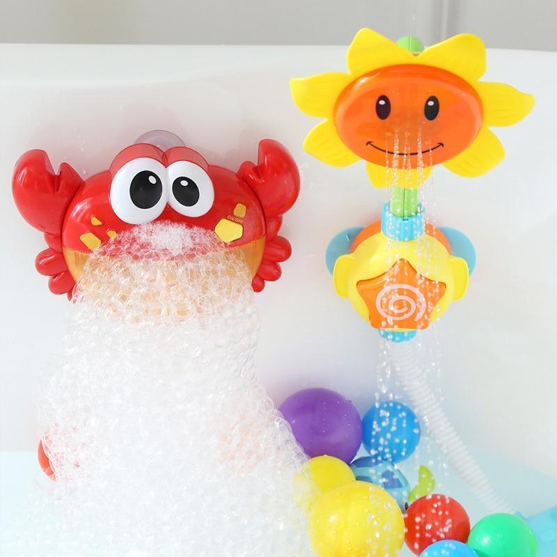 Stevvex Baby Educational Bubble Machine Bath Toy red crab and sunflower bubble makers in tub on Tampa Home & Garden Store