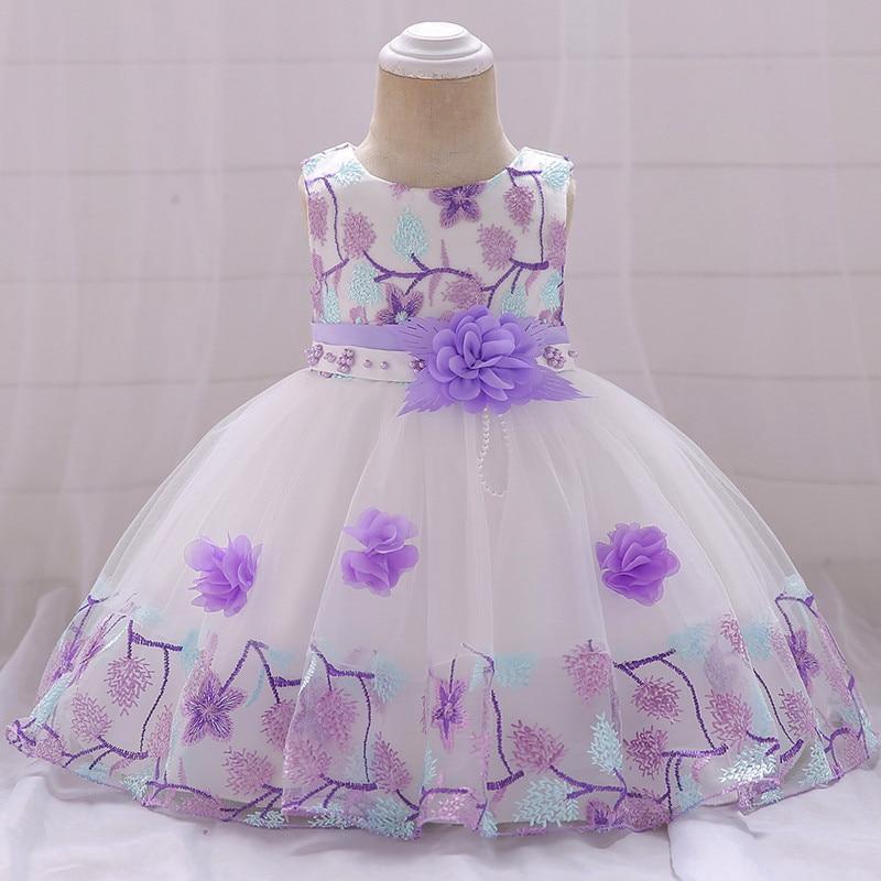 Stevvex baby girl lace and tulle dress, white with lavender embroidery, lilac sash with flower on Tampa Home & Garden Store