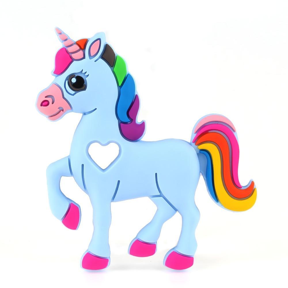 Unicorn baby silicone teether Stevvex BPA free with blue body and rainbow mane on Tampa Home & Garden Store