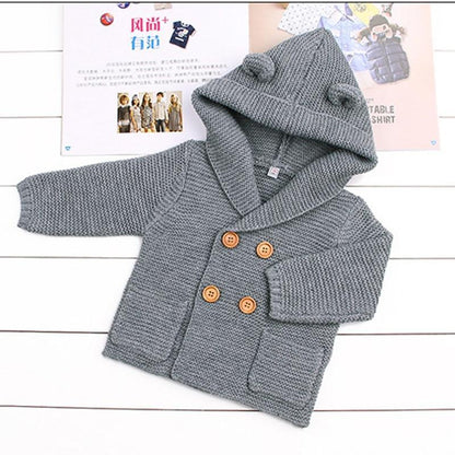 Newborn knitted cardigan with hood in gray, long sleeves, four wooden buttons, pockets Stevvex on Tampa Home & Garden Store
