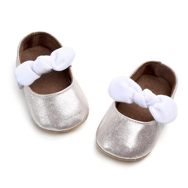 Baby shoes Stevvex infant girl walkers metallic silver with white bow rubber soles pair on Tampa Home & Garden Store