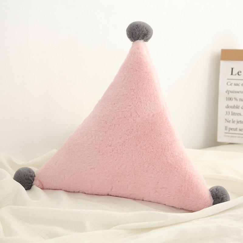Nursing pillow Stevvex pink plush with gray pom-poms, triangular Nordic design on Tampa Home & Garden Store
