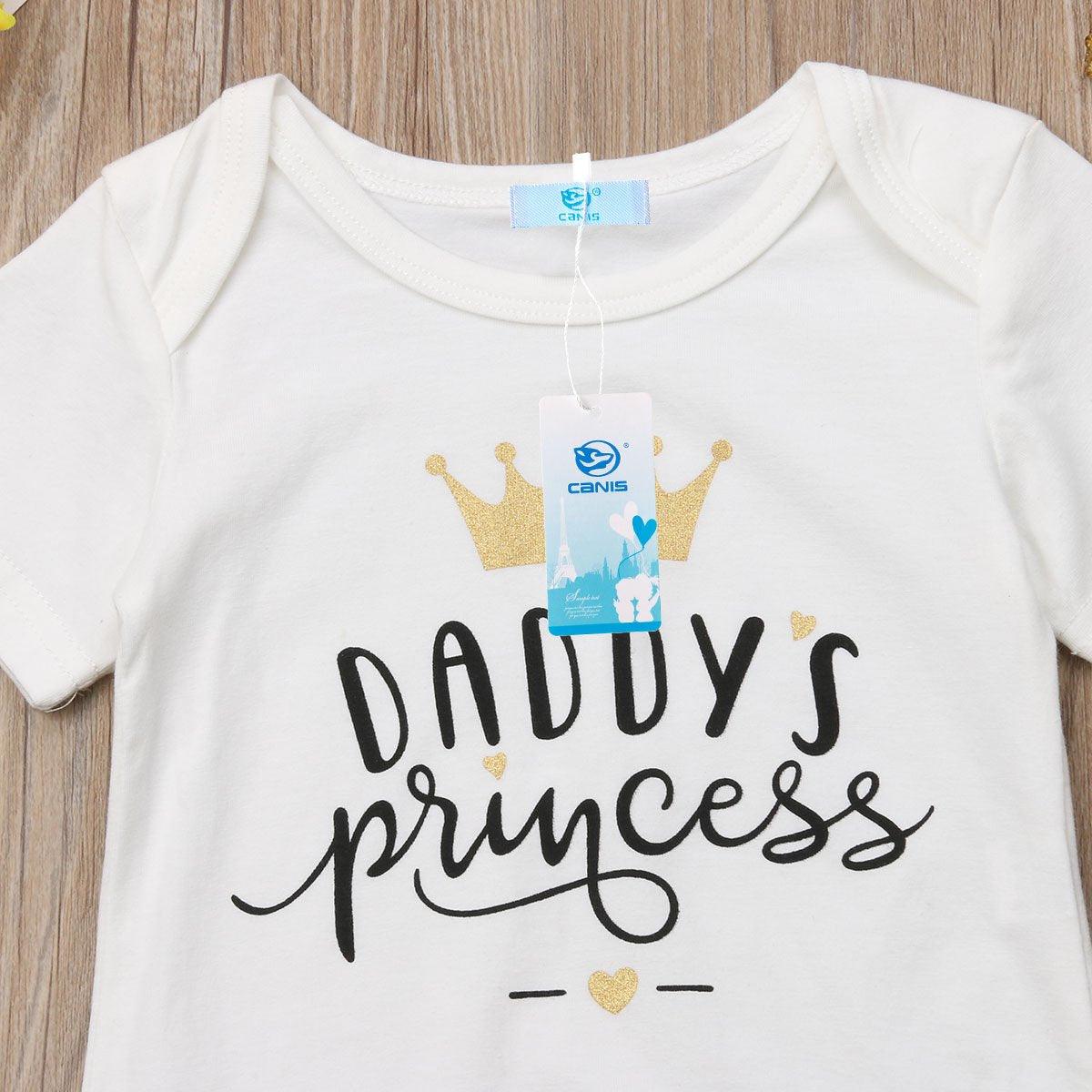 Newborn baby girl outfit set white top with crown print and Daddy's princess Stevvex tag on Tampa Home & Garden Store