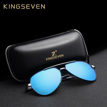 Kingseven aviator sunglasses with blue mirrored lenses and metal frame in black zip case on Tampa Home & Garden Store