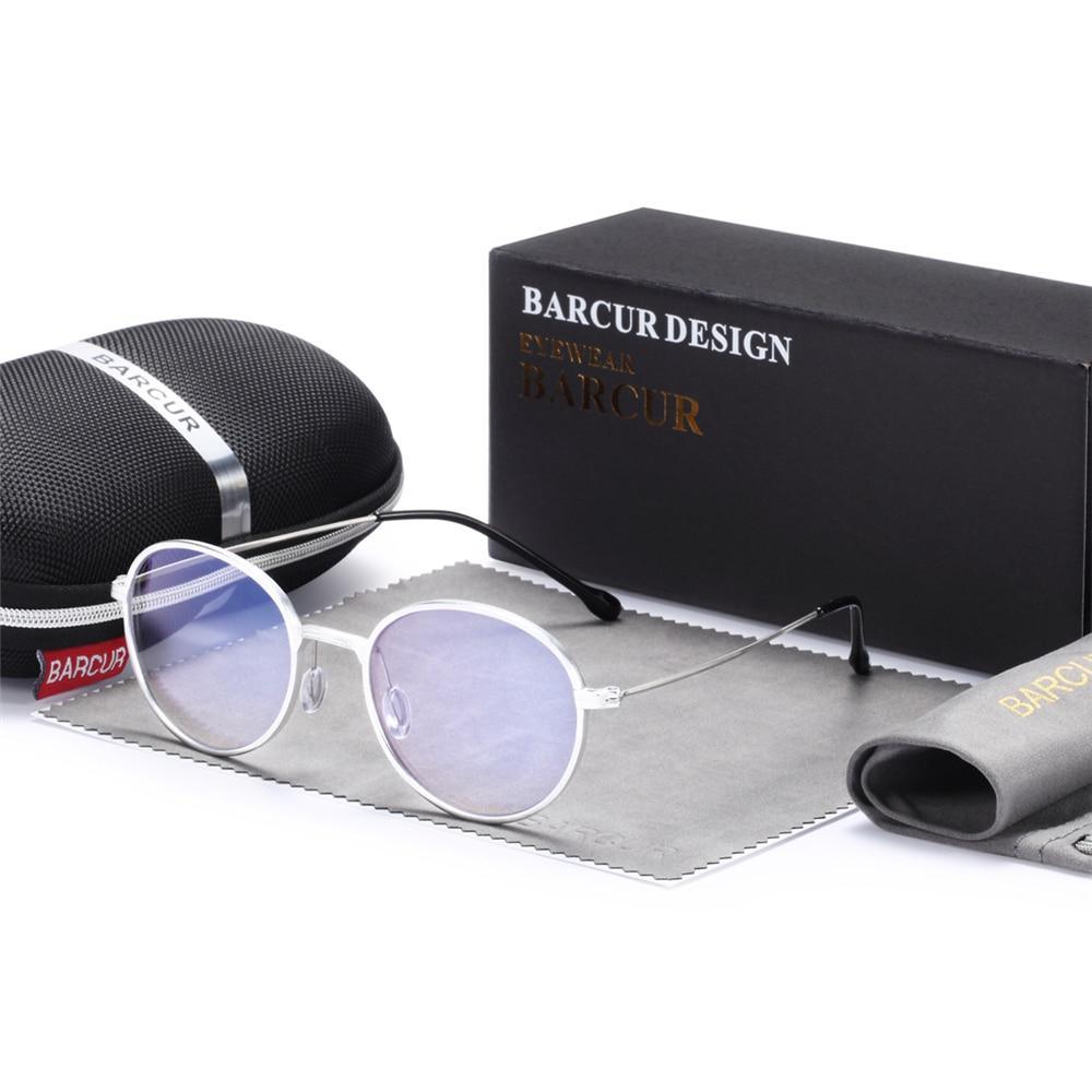 Round anti-blue light computer glasses with silver frame and lavender lenses, Barcur case on Tampa Home & Garden Store